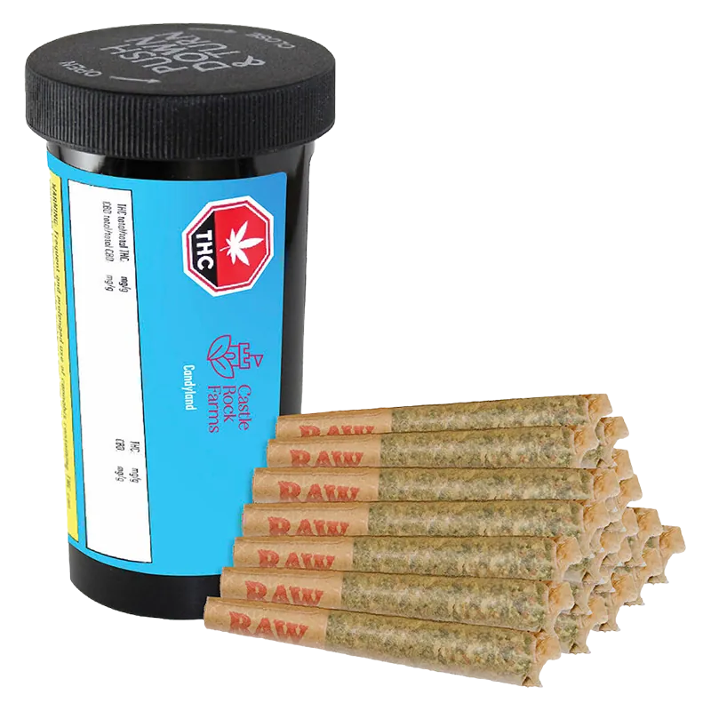 A front-angle view of a black container and a pyramid stack of pre-rolled joints beside it, labeled Candyland PR 20 x 0.5 g.