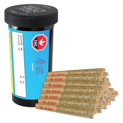 A front-angle view of a black container and a pyramid stack of pre-rolled joints beside it, labeled Candyland PR 20 x 0.5 g.