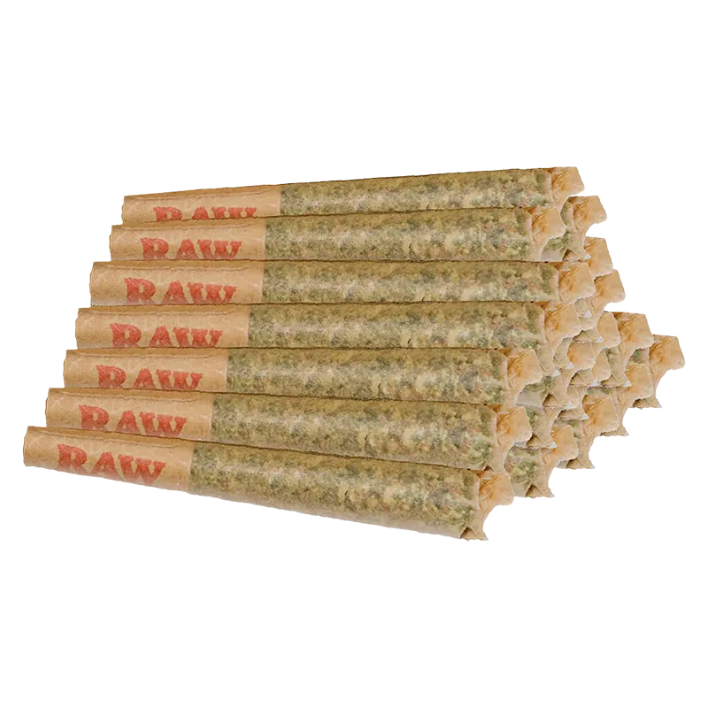 Angled close-up of a pyramid stack of pre-rolled joints labeled Candyland PR 20 x 0.5 g showing paper tips and textured herb inside.