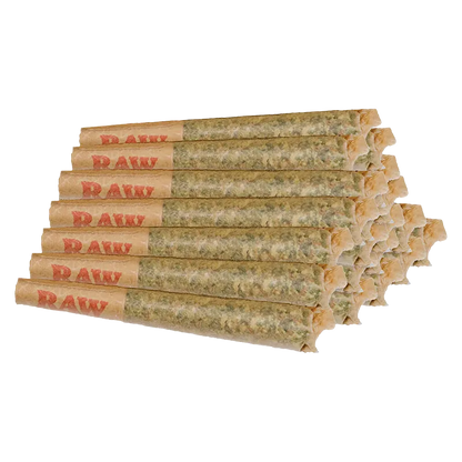 Angled close-up of a pyramid stack of pre-rolled joints labeled Candyland PR 20 x 0.5 g showing paper tips and textured herb inside.