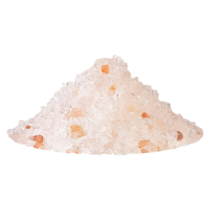 Close-up of a pile of coarse pink and white bath salts in a studio shot featuring Flowers & Fir Extra Strength CBD Bath Salts.