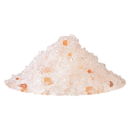 Close-up of a pile of coarse pink and white bath salts in a studio shot featuring Flowers & Fir Extra Strength CBD Bath Salts.