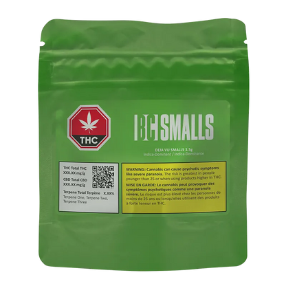 Front-facing shot of the green Deja Vu Smalls resealable pouch with white "BC SMALLS" logo, red THC symbol, and yellow warning panel.