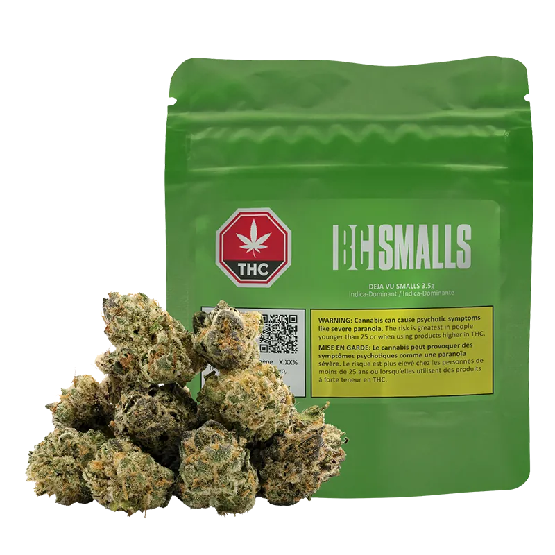 Front-facing shot of a green pouch labeled Deja Vu Smalls with a pile of frosty cannabis buds in front.