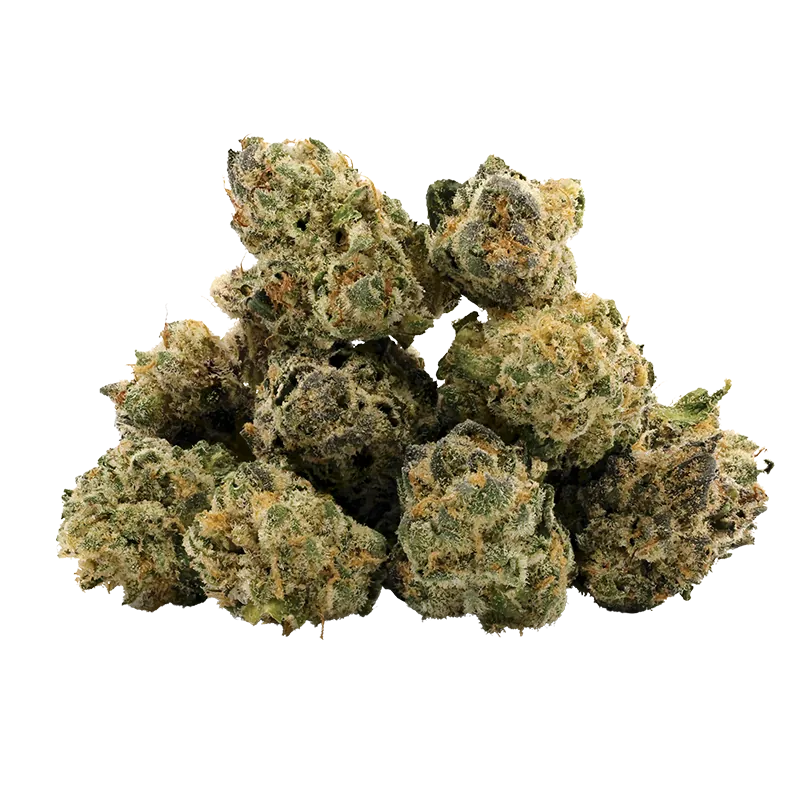 Close-up front view of a pile of frosty green and orange nugs of Deja Vu Smalls against a white background.