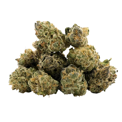 Close-up front view of a pile of frosty green and orange nugs of Deja Vu Smalls against a white background.