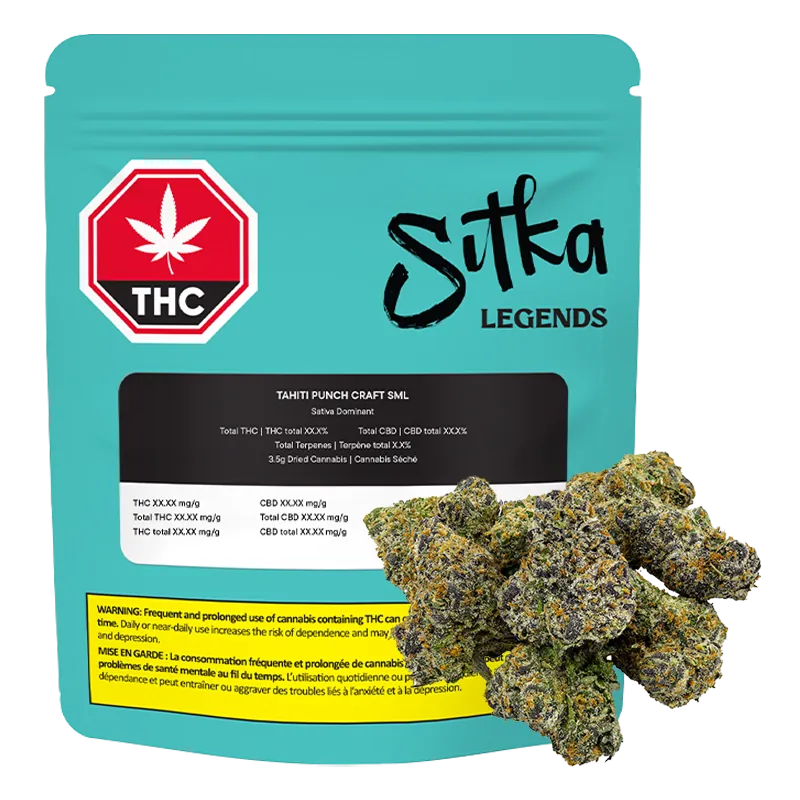 Front-facing teal pouch labeled "Tahiti Punch Craft" with Sitka Legends branding and cannabis buds piled at the lower right.