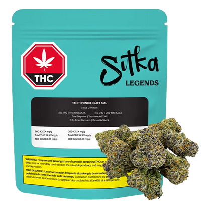 Front-facing teal pouch labeled "Tahiti Punch Craft" with Sitka Legends branding and cannabis buds piled at the lower right.