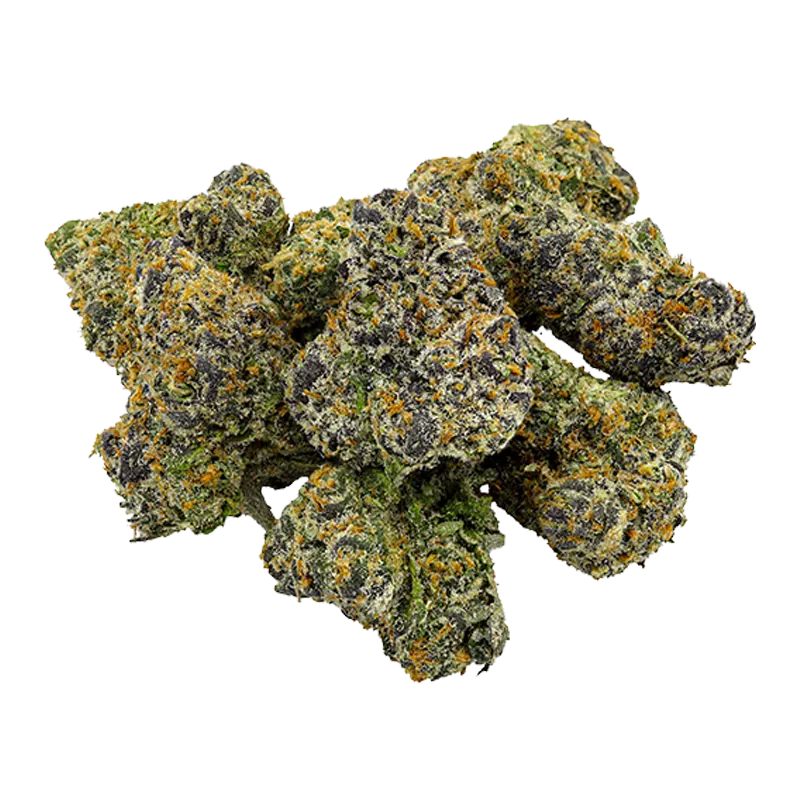 Close-up top-down view of a clustered pile of dense green and purple buds dusted with orange hairs and trichomes, labeled Tahiti Punch Craft.