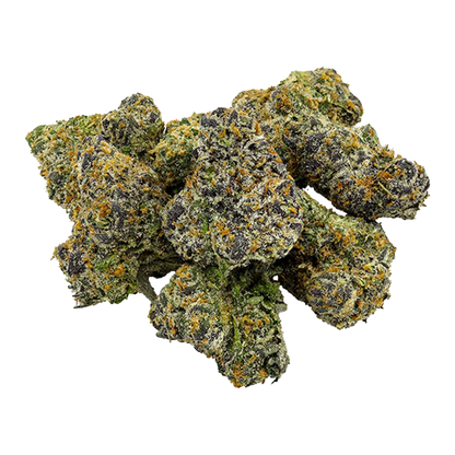 Close-up top-down view of a clustered pile of dense green and purple buds dusted with orange hairs and trichomes, labeled Tahiti Punch Craft.