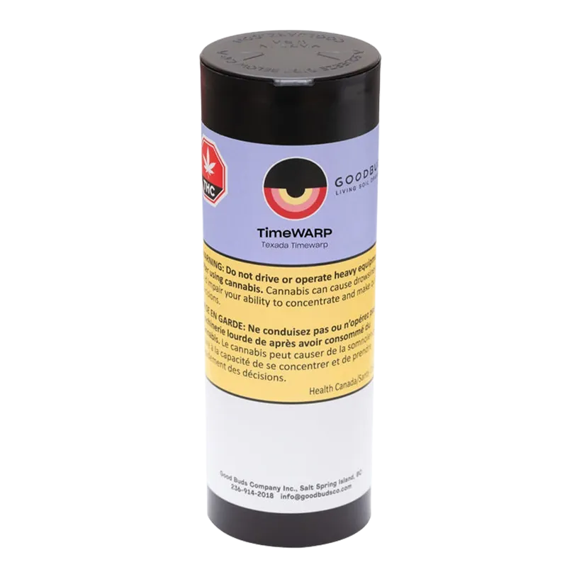 Front view of the Timewarp TimeWARP cylinder with a black lid and lavender label showing the circular Goodbud logo and yellow warning panel.