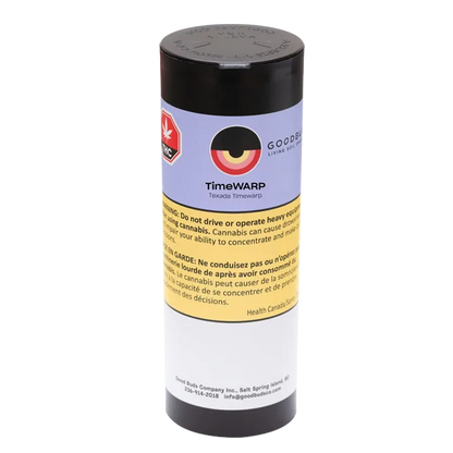 Front view of the Timewarp TimeWARP cylinder with a black lid and lavender label showing the circular Goodbud logo and yellow warning panel.