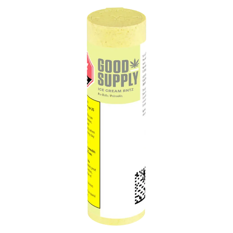 Tall front-facing tube packaging of Ice Cream Rntz PR 10 x 0.35 g by Good Supply with pale yellow label and a QR code near the base