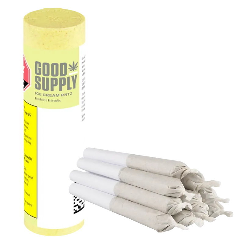 Angled shot of a yellow Good Supply Ice Cream Rntz PR 10 x 0.35 g tube standing beside a neat stack of white-rolled cones on a white background