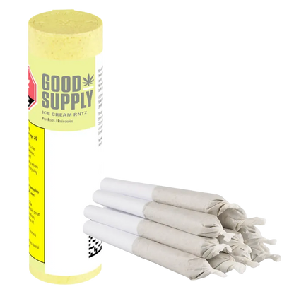 Angled shot of a yellow Good Supply Ice Cream Rntz PR 10 x 0.35 g tube standing beside a neat stack of white-rolled cones on a white background