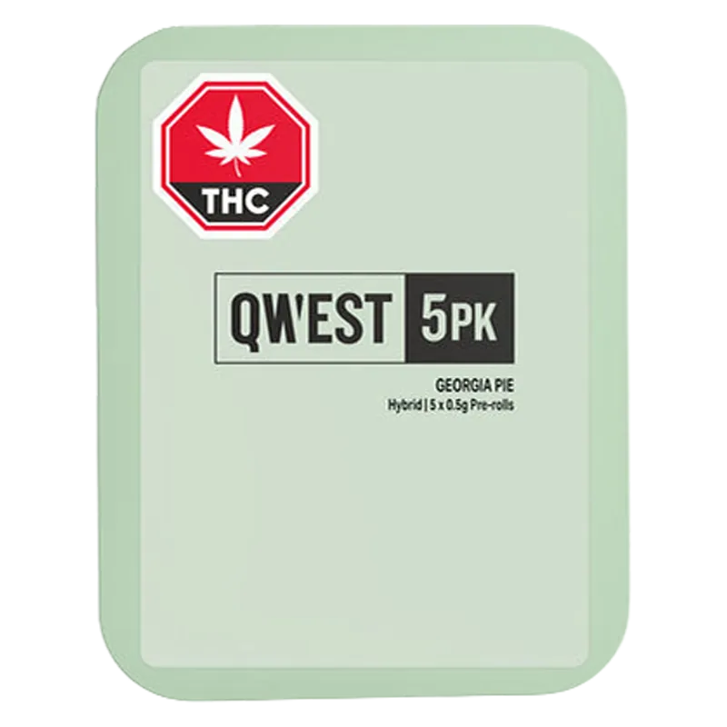 Top-down view of the mint-green QWEST 5PK tin labeled Georgia Pie PR 5 x 0.5 g with a red THC octagon in the corner