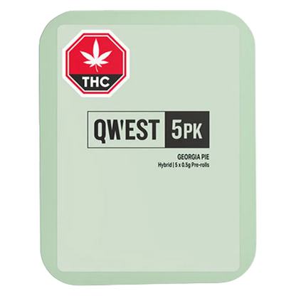 Top-down view of the mint-green QWEST 5PK tin labeled Georgia Pie PR 5 x 0.5 g with a red THC octagon in the corner