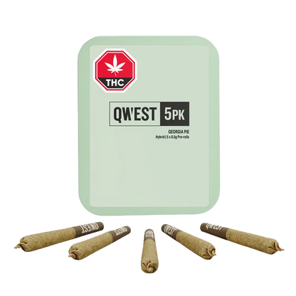 Front view of a pale green tin and five pre-rolled cones fanned out below it, labeled Georgia Pie PR 5 x 0.5 g.