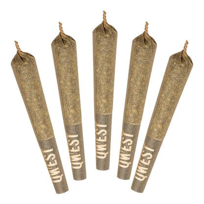 Top-down view of five twisted-tip Georgia Pie PR 5 x 0.5 g pre-rolls fanned on a white background.