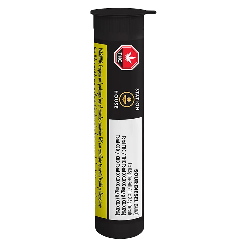 Vertical front view of the black tube packaging labeled "Sour Diesel PR 1 x 0.5 g" with a red THC octagon and white product information panel.