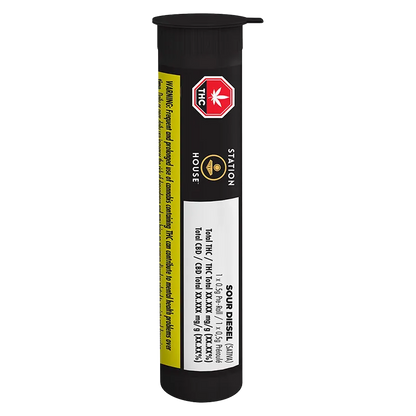 Vertical front view of the black tube packaging labeled "Sour Diesel PR 1 x 0.5 g" with a red THC octagon and white product information panel.