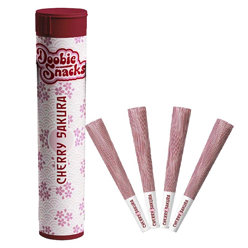 Tall front view of a pink floral tube and four striped rolls labeled "Cherry Sakura PR 4 x 0.5 g" arranged fanned out on a white background