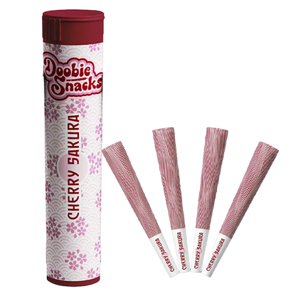 Tall front view of a pink floral tube and four striped rolls labeled "Cherry Sakura PR 4 x 0.5 g" arranged fanned out on a white background