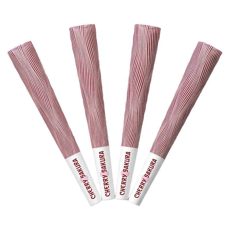Top-down view of four Cherry Sakura PR 4 x 0.5 g cones fanned out, each with red pinstripe paper and white labeled tips.