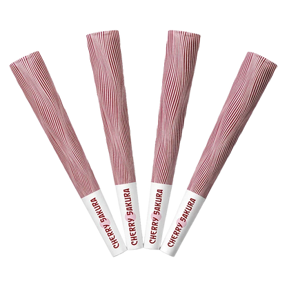 Top-down view of four Cherry Sakura PR 4 x 0.5 g cones fanned out, each with red pinstripe paper and white labeled tips.