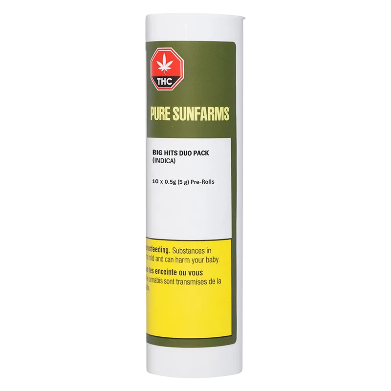 Tall front view of a white tube labeled Pure Sunfarms Big Hits Duo Pack PR 10 x 0.5 g with green and yellow warning panels.