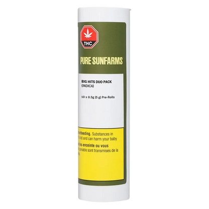 Tall front view of a white tube labeled Pure Sunfarms Big Hits Duo Pack PR 10 x 0.5 g with green and yellow warning panels.
