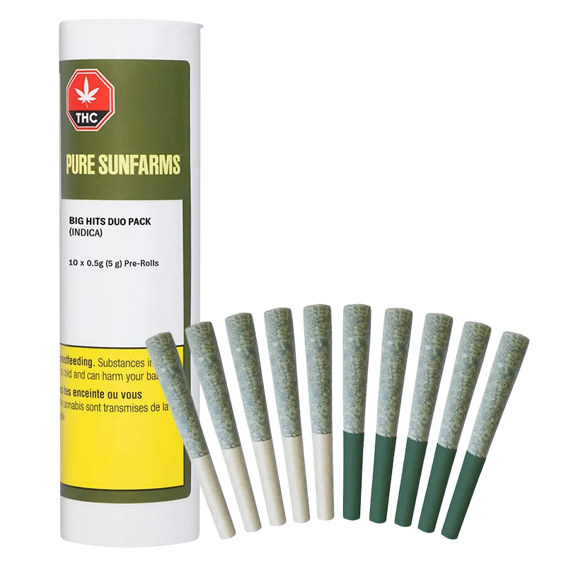 Front view of a Pure Sunfarms Big Hits Duo Pack PR 10 x 0.5 g tube with ten green-tipped pre-rolls fanned in front on a white background