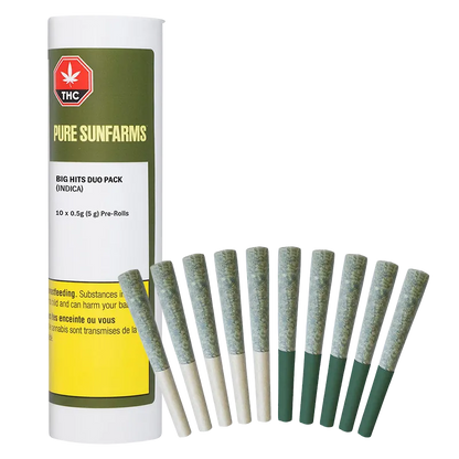 Front view of a Pure Sunfarms Big Hits Duo Pack PR 10 x 0.5 g tube with ten green-tipped pre-rolls fanned in front on a white background