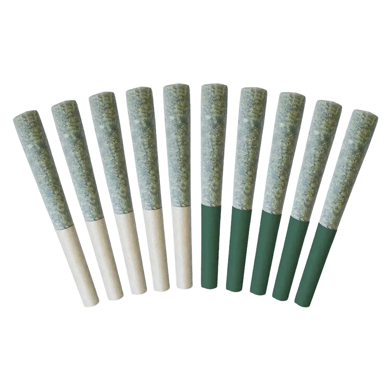 Top-down view of twelve pre-rolled joints arranged in a fan showing the Big Hits Duo Pack PR 10 x 0.5 g with alternating light and dark green filters.
