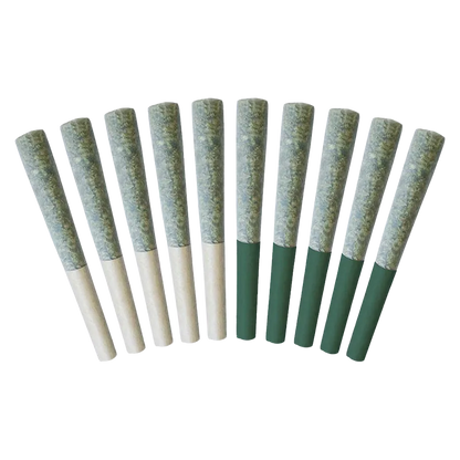 Top-down view of twelve pre-rolled joints arranged in a fan showing the Big Hits Duo Pack PR 10 x 0.5 g with alternating light and dark green filters.