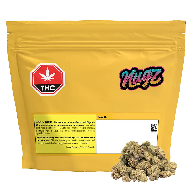 Front view of the yellow pouch labeled "Great Buy" with a THC symbol and a small pile of cannabis buds at its base.