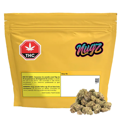 Front view of the yellow pouch labeled "Great Buy" with a THC symbol and a small pile of cannabis buds at its base.