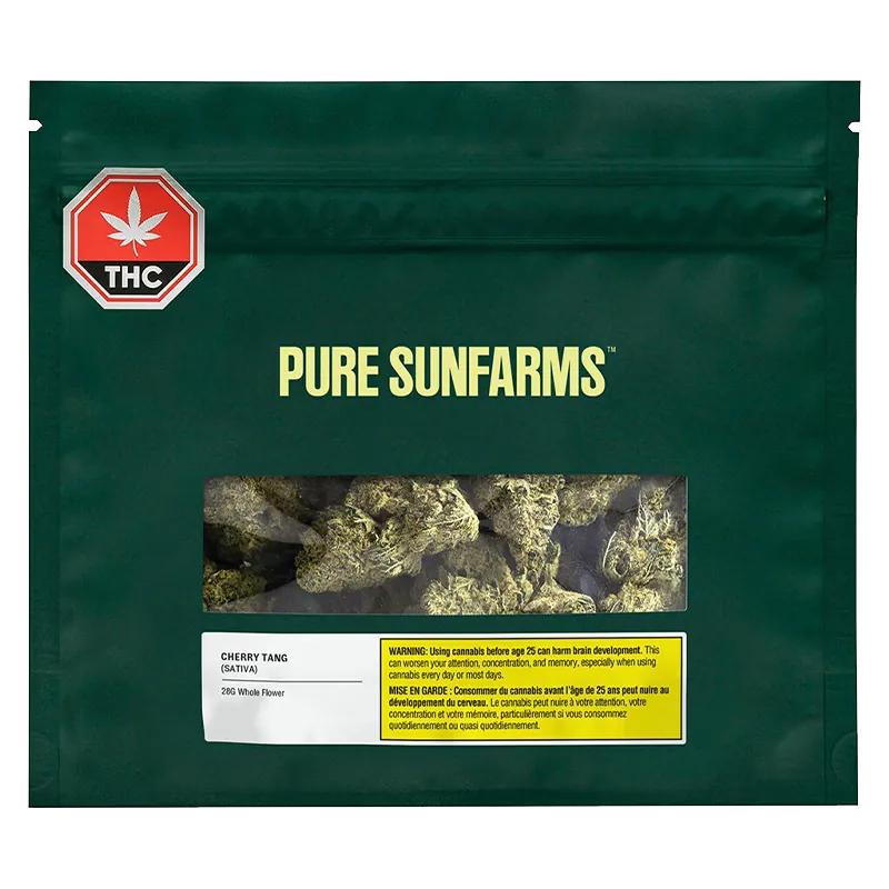 Front-facing image of a dark green Pure Sunfarms Cherry Tang pouch with a clear window showing cannabis buds and a red THC emblem in the top corner.