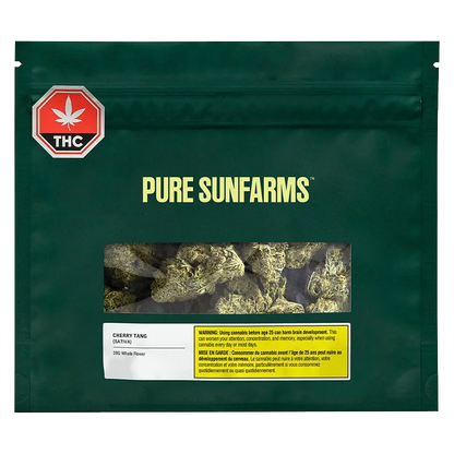 Front-facing image of a dark green Pure Sunfarms Cherry Tang pouch with a clear window showing cannabis buds and a red THC emblem in the top corner.
