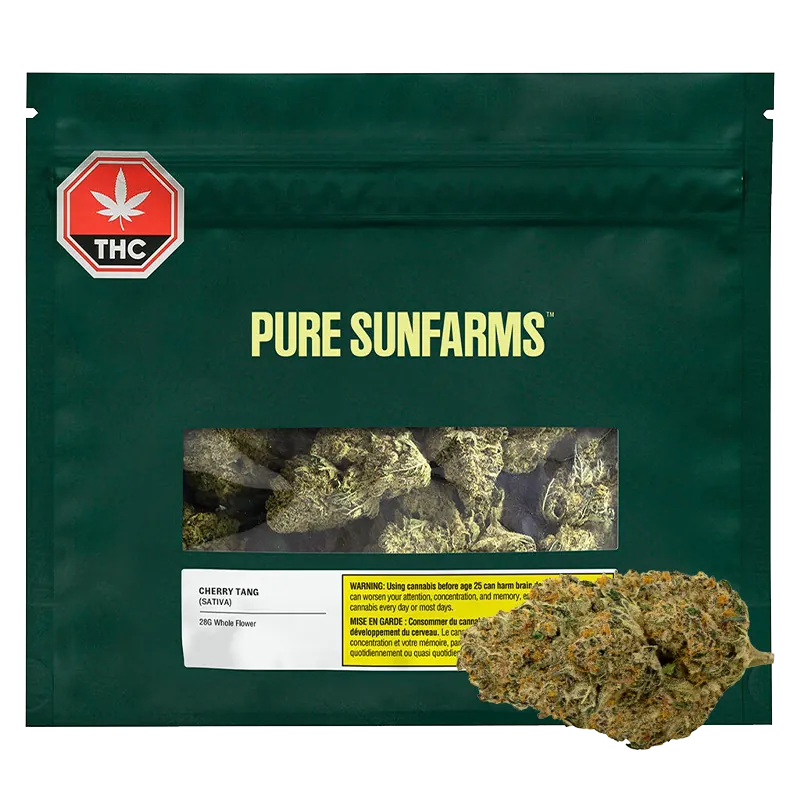 Front-facing shot of a green pouch with visible buds through a window labeled Pure Sunfarms Cherry Tang, 28 g.
