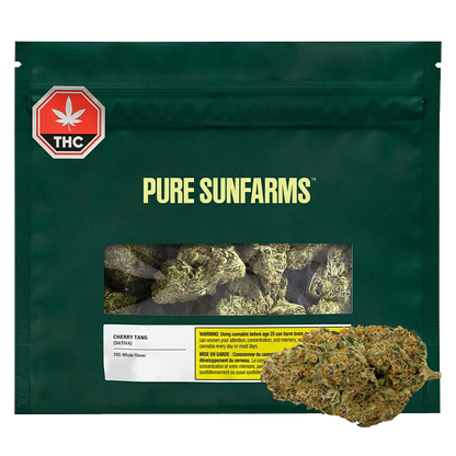 Front-facing shot of a green pouch with visible buds through a window labeled Pure Sunfarms Cherry Tang, 28 g.