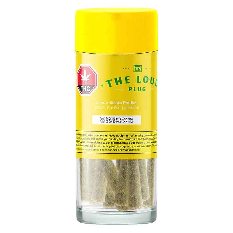 Clear front view of a cylindrical jar labeled "Lemon Gelato PR 10 x 0.5 g" showing several pre-rolls upright through the glass and a bright yellow lid.