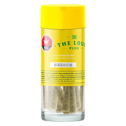 Clear front view of a cylindrical jar labeled "Lemon Gelato PR 10 x 0.5 g" showing several pre-rolls upright through the glass and a bright yellow lid.