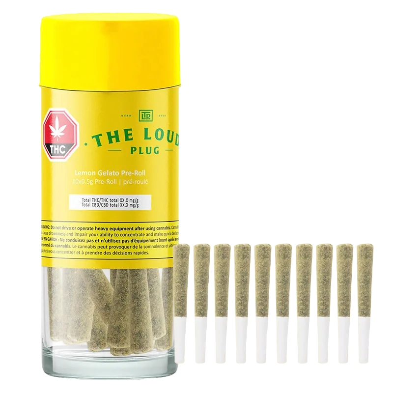 Studio-front view of a clear jar and lined pre-rolls for Lemon Gelato PR 10 x 0.5 g with a bright yellow label and cap.
