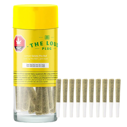 Studio-front view of a clear jar and lined pre-rolls for Lemon Gelato PR 10 x 0.5 g with a bright yellow label and cap.
