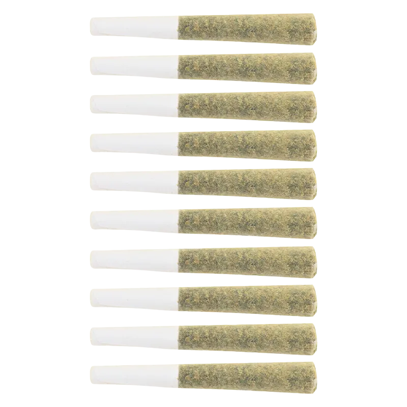 Top-down view of ten uniformly rolled Lemon Gelato PR 10 x 0.5 g joints aligned vertically against a white background.