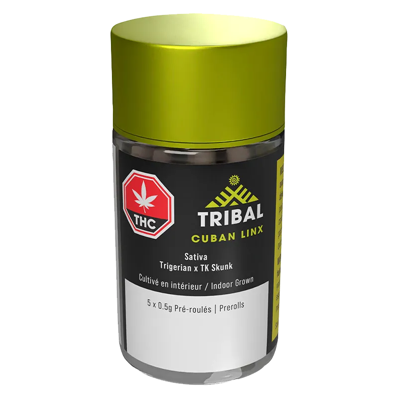 Angled front view of the Tribal Cuban Linx PR 5 x 0.5 g clear jar with a lime-green lid and black product label.