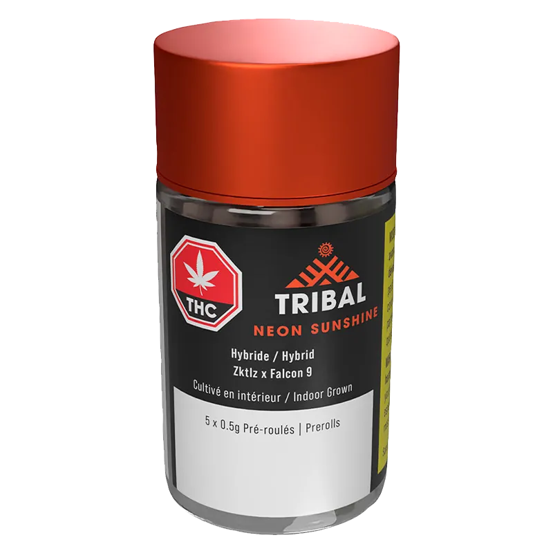 Front three-quarter view of the Neon Sunshine PR 5 x 0.5 g Tribal jar with an orange cap and black label showing THC and product details.