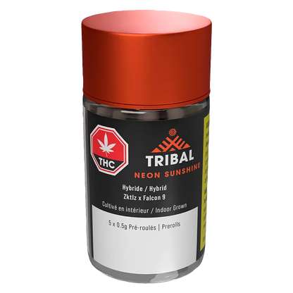 Front three-quarter view of the Neon Sunshine PR 5 x 0.5 g Tribal jar with an orange cap and black label showing THC and product details.