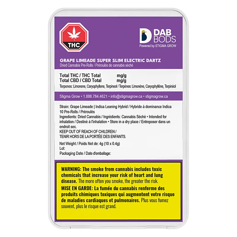 Dab Bods 4 g Grape Limeade Super Slim Electric Dartz PR 10 x 0.4 g Pre-Rolls